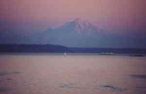 Mt. Ranier, ferry and sailboat by ferry.