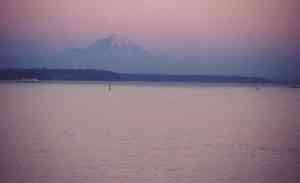 Mt. Ranier, ferry and sailboat by ferry.