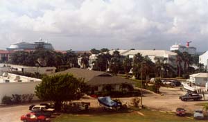 The view from our porch across the condos to the cruise ships in the harbor.