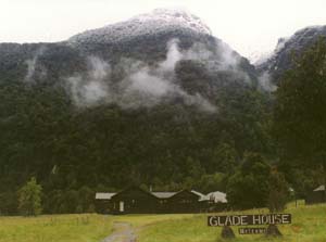 Glade House and the mountains surrounding it in the fog.