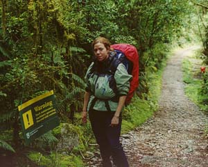 Sarah at a track maintenance sign.