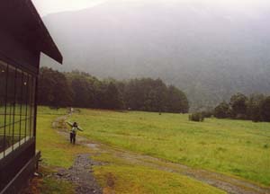 Sarah arrives at Glade House (our first quote hut).