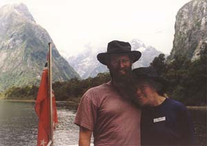 David and Sarah on the boat from Sandfly point to Mitre Peak Lodge.