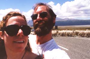 David, Sarah and Sheep on the road to Mt. Cook.